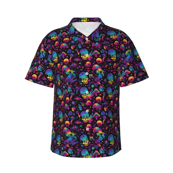 Daiia mushroom colorful Skull Hawaiian Shirt for Men Gentle Cotton Regular Short Sleeve Casual-Medium