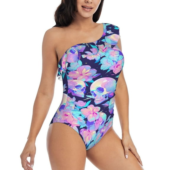 Daiia pinkk flower crystal Skull Women's One Piece Swimsuits Personalized One Shoulder Swimwear Asymmetric Ruffle Bathing Suits-Medium