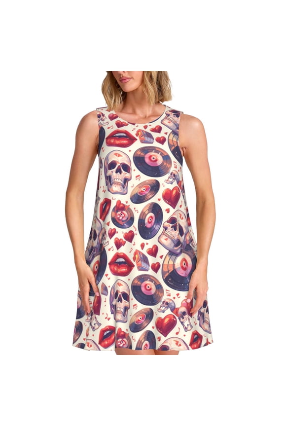 record rock Skull lips Print Women's Dresses 2025 Trendy Short sleeve Dresses Casual Baggy Flowy Maxi Sun Dresses