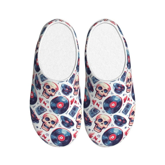 Daiia record rock music Skull Print Women’s Fuzzy Slippers Memory Foam Lightweight House Shoes Cozy Loafer Flannel House Shoes-39/40