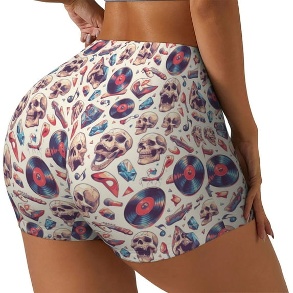 Daiia rock Skull record Retro Pattern Women's Workout Shorts Biker Shorts - High Waisted Workout Spandex Tummy Control Gym Running Yoga Shorts-X-Large