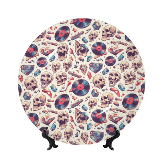 Daiia rock Skull record Retro Printed Pattern Ceramic Plate Dinner Plates Bone China Decorative Plates with Display Stand Art Ceramic Ornaments for Wall Hanging Decoration-6in