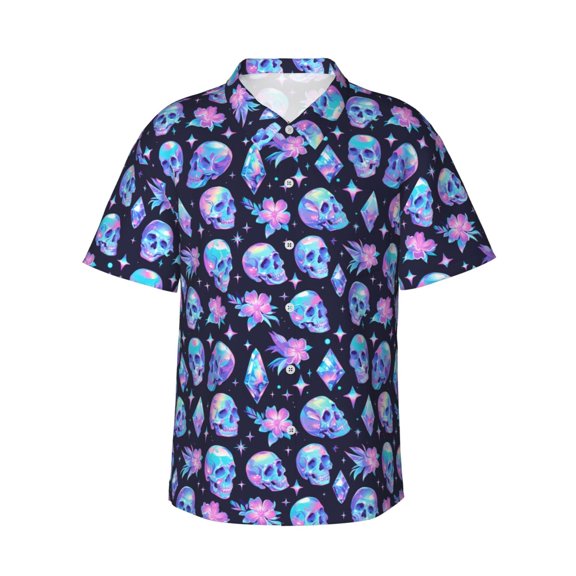 Daiia star Skull flower crystal Hawaiian Shirt for Men Gentle Cotton Regular Short Sleeve Casual-3X-Large