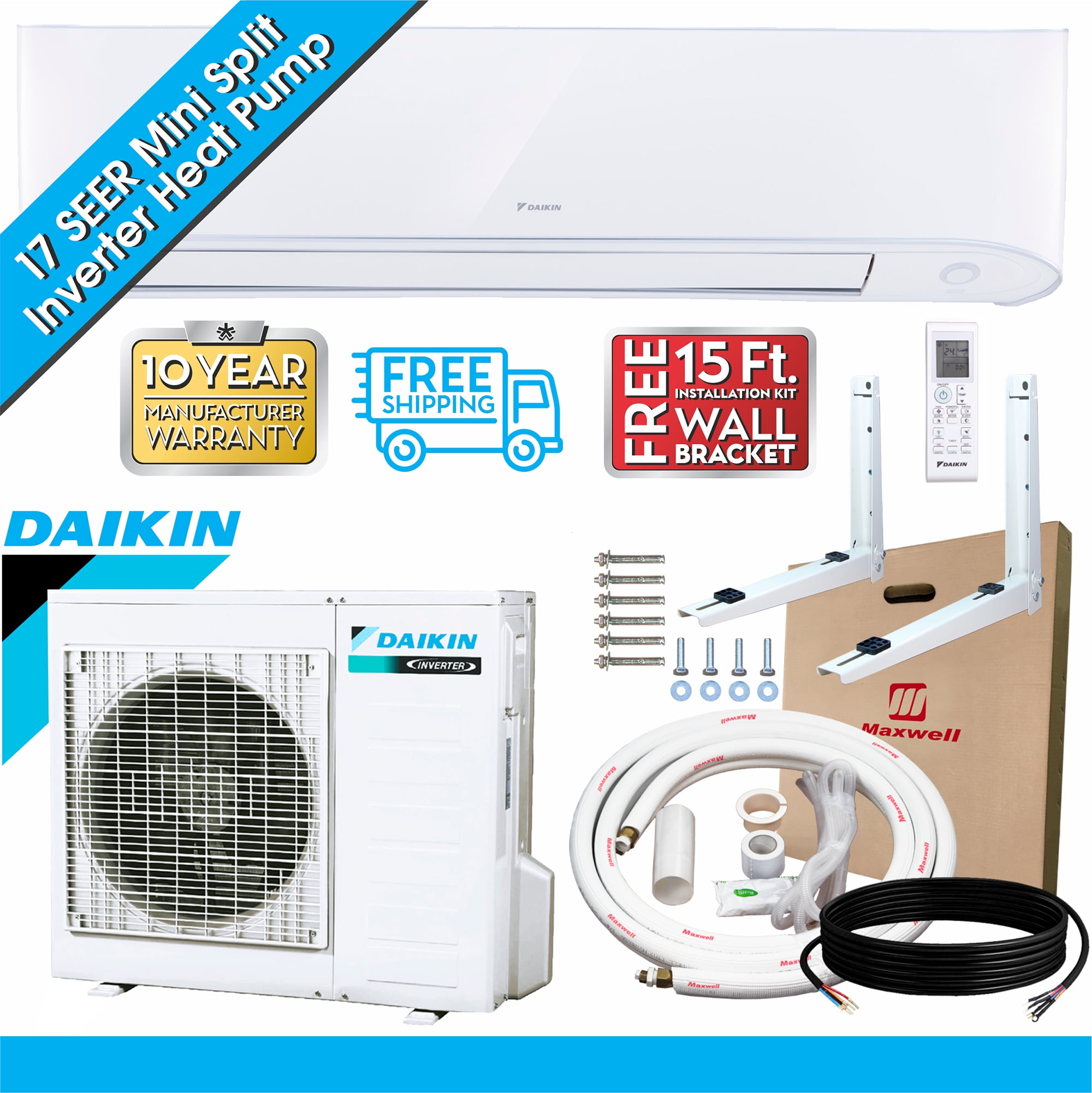 Daikin 9000 BTU 17 SEER 230v Ductless Mini Split Air Conditioner Heat Pump  with 16ft Installation Kit and Wall Bracket