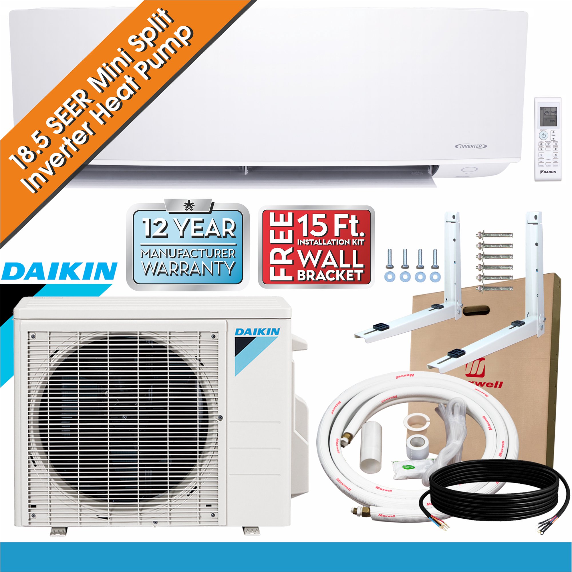 Daikin 18,000 BTU 18.5 SEER Ductless Mini Split Inverter Air Conditioner Heat  Pump 1000 sq. ft. - Walmart.com