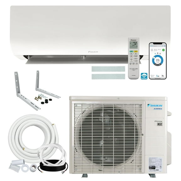 Daikin 18,000 BTU 21 SEER2 Aurora Low Ambient Ductless Mini Split Air Conditioner Heat Pump with Maxwell 15 ft. Installation Kit and Bracket - Wi-Fi Enabled R32