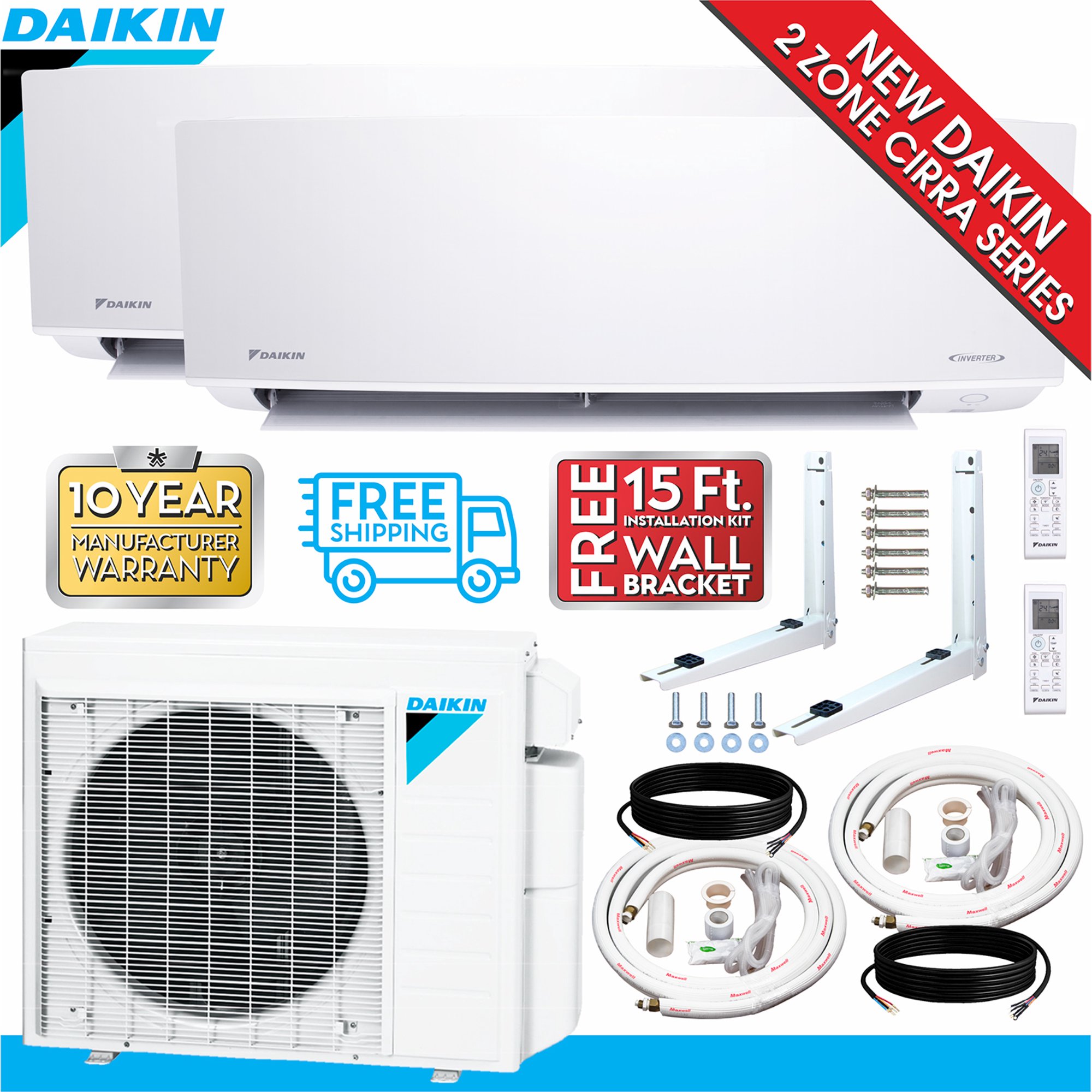 Daikin 2-Zone (12,000 BTU +12,000 BTU) CIRRA Series Mini Split Air  Conditioner Heat Pump System with 15 ft. Installation Kit and Wall Bracket  - Walmart.com