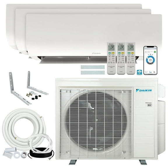 Daikin 24,000 BTU (9K + 9K + 18K) 21SEER2 3-Zone Mini Split Wi-Fi Enabled Air Conditioner Heat Pump R-32 System with Maxwell 15 ft. Installation Kit and Wall Mounting Bracket
