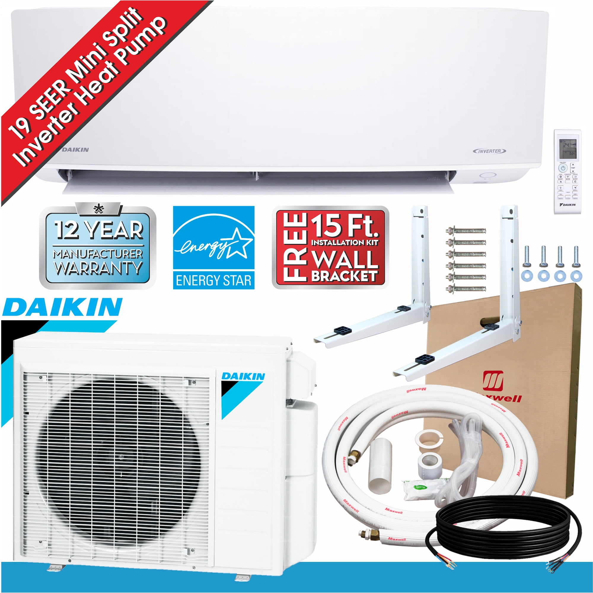 Daikin 9,000 BTU 19 SEER Ductless Mini Split Inverter Air Conditioner Heat  Pump 400 sq. ft. - Walmart.com