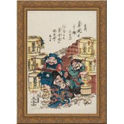Daikoku, Ebisu, and Fukurokuju Counting Money 24x18 Gold Ornate Wood Framed Canvas Art by Keisai Eisen
