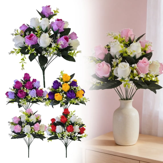 Dailihome 12 Heads Artificial Rose Bouquet, Magenta and Purple Silk Flower Arrangement for Wedding Centerpiece and Home Table Decor, Realistic Rose Flowers, 15.35 in