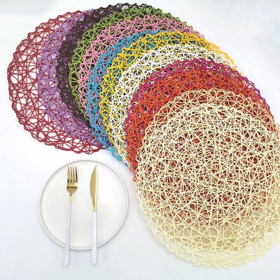 Dailihome 6 Pack Beige Paper Rope Woven Placemats 15 Inch Round Heat Resistant Hand Knitted Table Mats for Dining Party Decoration