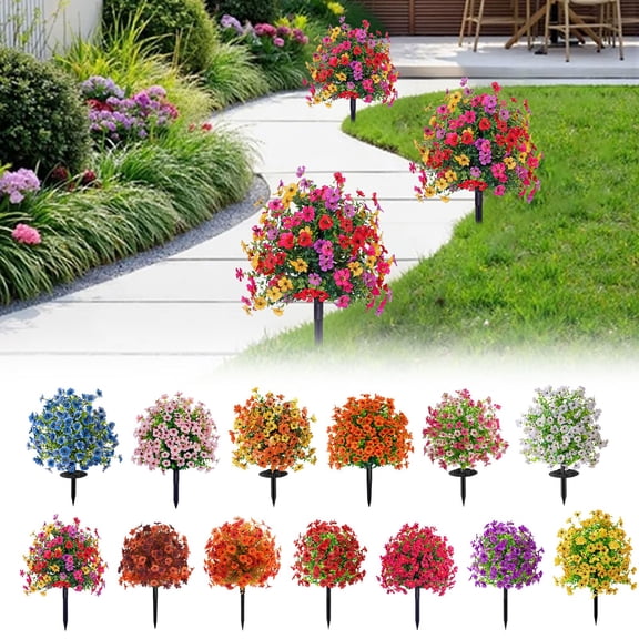 Dailihome Artificial Violet Flowers with Garden Stake, 22 in Realistic Fake Morning Glory Bush for Outdoors, UV Resistant Violet Yard Stakes for Patio and Landscape, 1pc