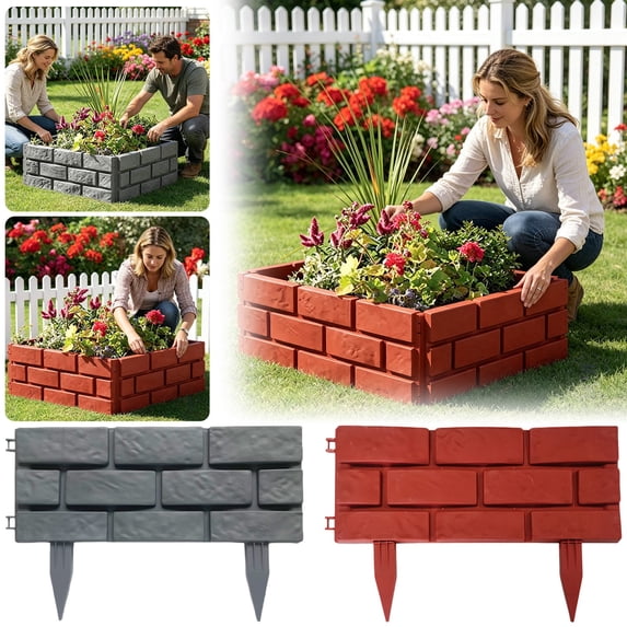 Dailihome Grey Landscape Edging Border, Plastic Imitation Stone Garden Fence Panels, Interlocking Flower Bed Path Lawn Guardrail, 4-Piece Set