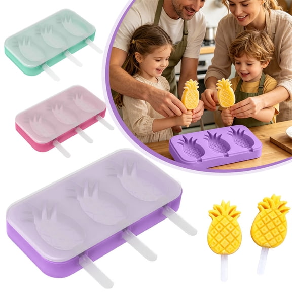 Dailihome Purple Pineapple Ice Pop Tray with Lid, Reusable 3 Cavity Silicone Popsicle Mold, Non Stick Stackable Freezer Maker for Homemade Summer Treats, 7.6 x 4.24 in