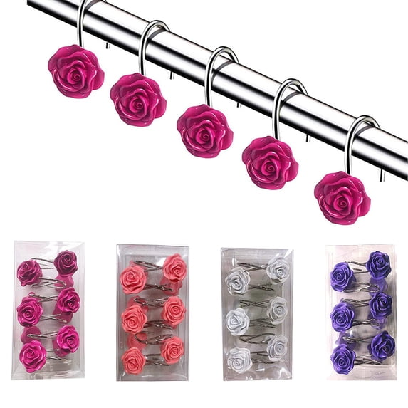 Dailihome Rose Shower Curtain Hooks, 12PCS Rose Red Decorative Resin Flower Bathroom Hooks, Rustproof Metal Shower Curtain Rings for Bathtub and Shower Stalls