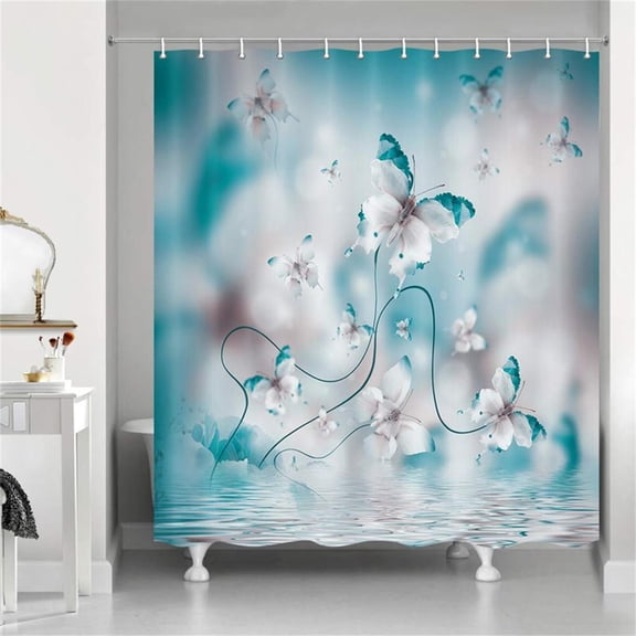 Dailihome Teal Butterfly Shower Curtain, Spring Iris Flowers Floral Polyester Fabric Bath Curtains with 12 Hooks, Nature Bathroom Decor for Tub, 70 x 70 in, 1pc