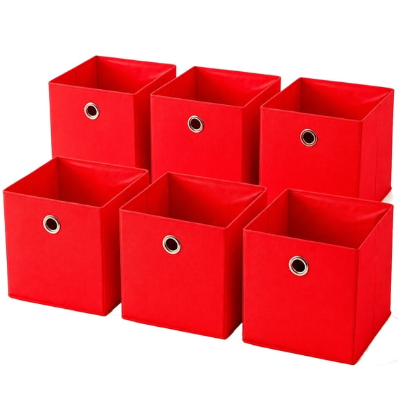 Dailivio Collapsible Fabric Cube Storage Bins (10.5" x 10.5"), Storage Cubes Organizer Baskets Bins with Handles, Red, 6 Pack