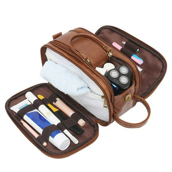 Dailiwei Toiletry Bag for Men Makeup Bag, Large Travel Toiletries Bags with Water-Resistance Compartment, PU Leather Dopp Kit (Caramel Brown)