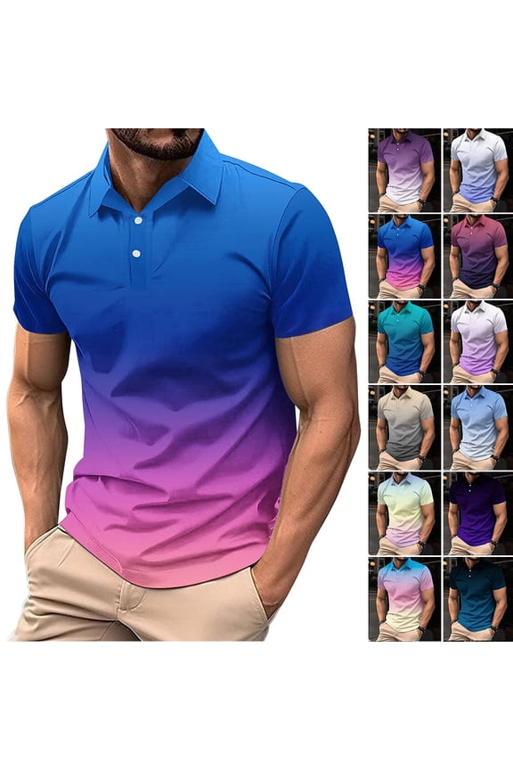 Men's Gradient T-Shirt Plus Size Tee Short Sleeve Summer Blouse Loose Fit Tops Button Turn Down Collar Golf Shirt Casual Ombre Shirt
