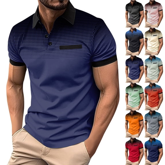 DailkTrvid Men's Lapel Blouse Dot Print Casual Golf Summer T-Shirts Short Sleeve with Pocket Trendy Tees Moisture Wicking Daily Wear Top