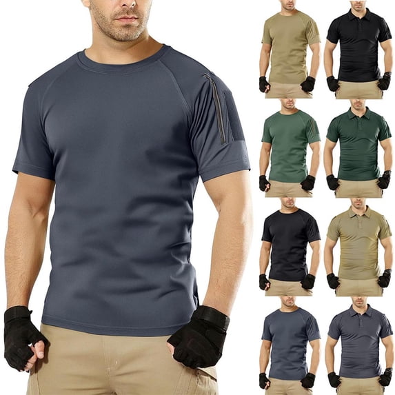 DailkTrvid Outdoor Work Shirt for Men Trendy Button Turndown Collar Uniform Blouse Breathable Short Sleeve Tops with Zippered Storage Pockets