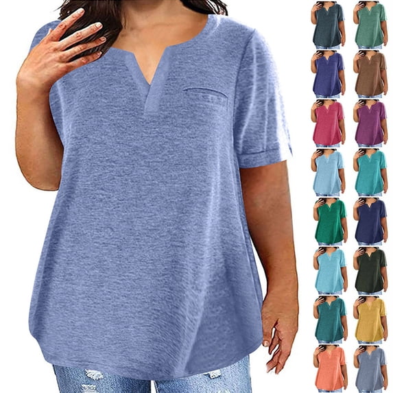 DailkTrvid Plus Size Blouses for Women V Neck Trendy Tops Casual Ladies Tops Loose Fit T-Shirt with Chest Pocket Comfortable Short Sleeve Daily Tee