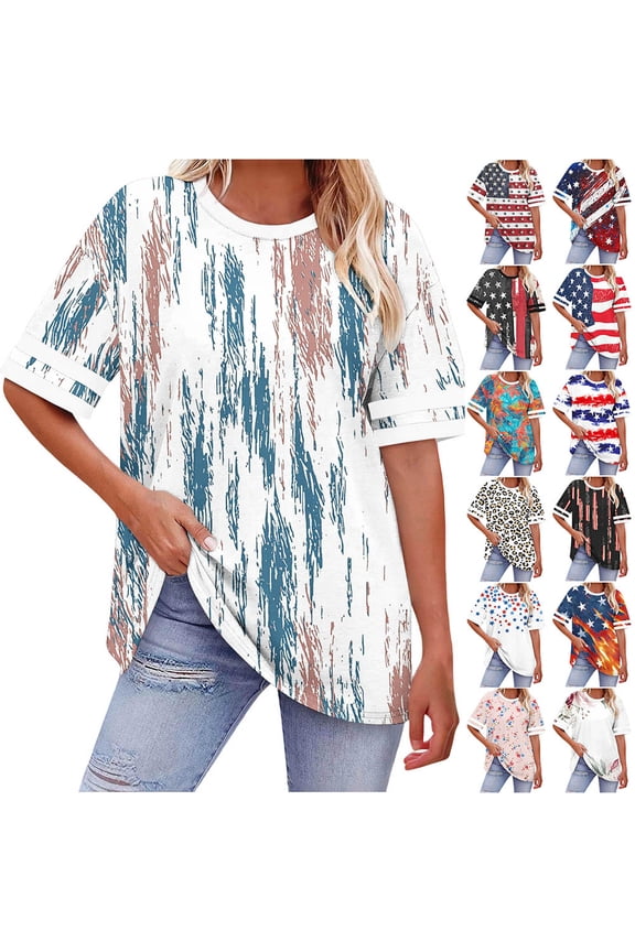 Plus Size T-Shirts for Women Tie Dye Print Short Sleeve Blouses Casual Crew Neck Loose Fit Tee Summer Trendy Loose Fit Top