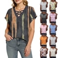 thumbnail image 1 of DailkTrvid Women Casual Blouses Floral Print V Neck Short Sleeve Shirts Loose Fit Tunic Tops Summer Office Fashion Outfits, 1 of 6