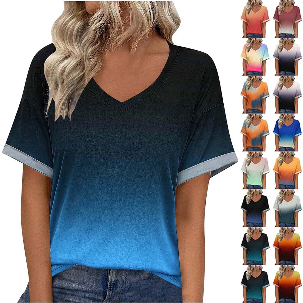 DailkTrvid Women Summer Oversized Tops Gradient V-Neck T-Shirt Casual ...