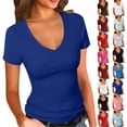 thumbnail image 1 of DailkTrvid Women Summer Tops V Neck Fitted Basic Tee Trendy Ribbed Short Sleeve Shirts Casual Slim Fit Blouses Going Out Solid Color Outfits, 1 of 6