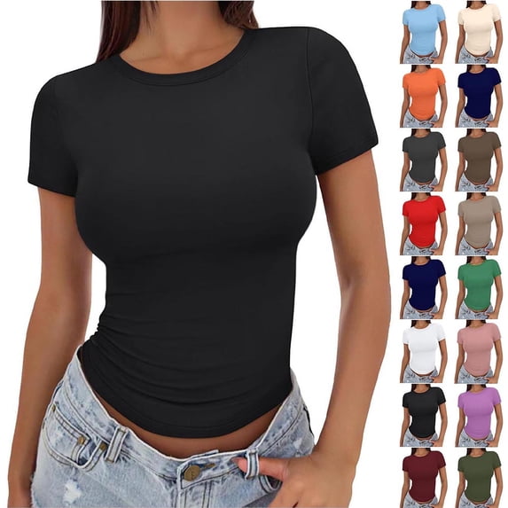 DailkTrvid Women's Crew Neck Short Sleeve T-Shirt Casual Slim Fit Solid Color Basic Tee Stretchy Form Soft Blouses Fitting Knit Tops for Daily