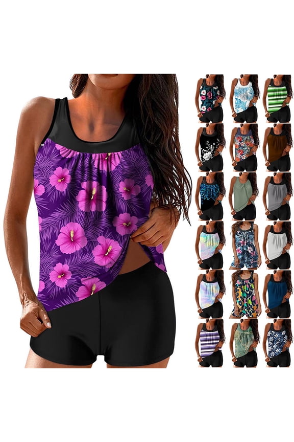 Womens Tankini Swimsuits Loose Fit Floral Printed Modest Two Piece Swimsuit Bathing Suits