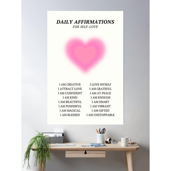 Daily Affirmations For Self Love Pink Aura Heart Poster Wall Art, Modern Wall Decor For Living Room Bedroom, 16x24 UNFRAMED