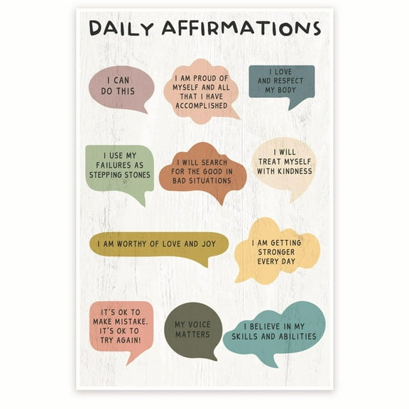 Daily Affirmations Positive Poster - Inspiring Uplifting Empowering Wall Art - Counselor Therapy Office - 12 x 18 Inch Poster - Unframed - Premium 100lb Gloss - Made In USA - BMCP0138