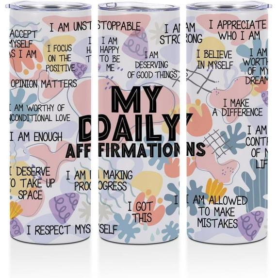 Daily Affirmations for Women Girls Bestie, Inspirational Self Love Christmas Birthday Gifts 20 oz Skinny Tumbler Stainless Steel Insulated Tumblers Straight Coffee Mug Thermal Travel Cup