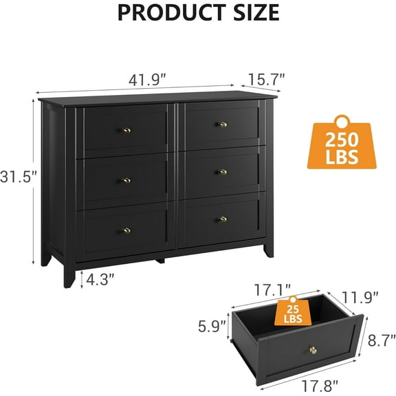 Daily Bargains Modern 6 Chest of Drawer Dresser – Stylish Wood Organizer with Deep Drawers and Nickel Round Handles for Ample Storage in Bedroom, Living Room, and Entryway,Black
