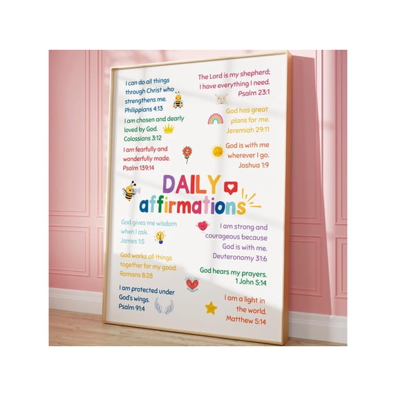 Daily Bible Affirmations Children Wall Art Ministry Decor Sunday School Rainbow Poster, Unframed Canvas 12x16in
