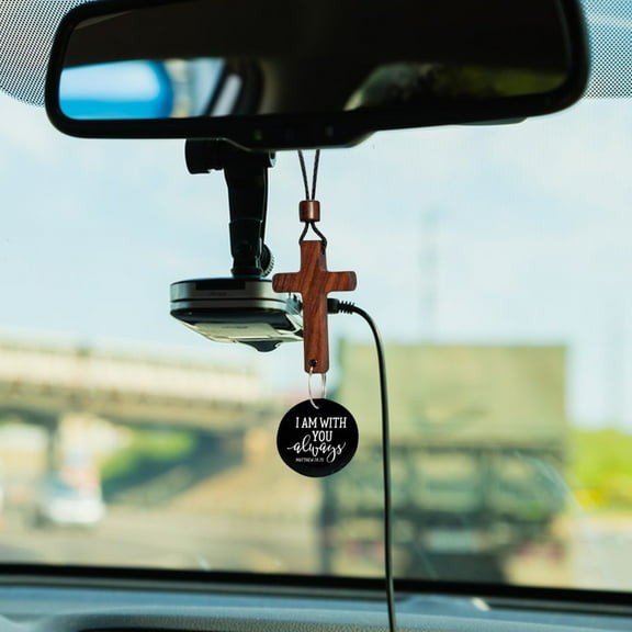 Daily Bible Verse Rearview Mirror Cross Ornament – Daily Scripture Car Charm Hanging Cross for Car with “I Am with You Always” Medallion