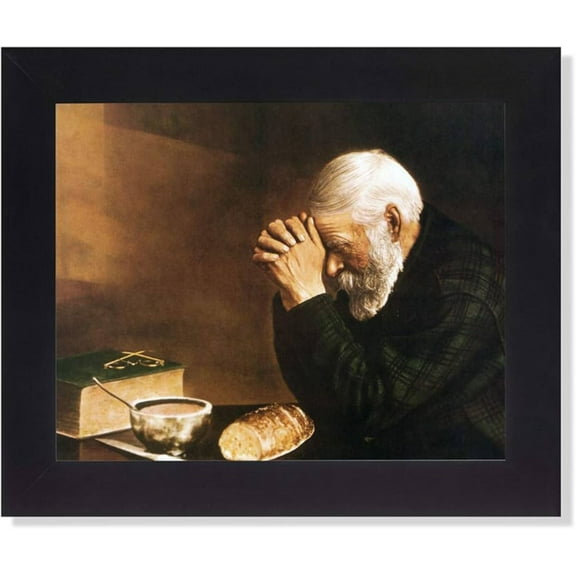 Daily Bread Man Praying at Dinner Table Religious Art Print 8x10 (with Frame Options)