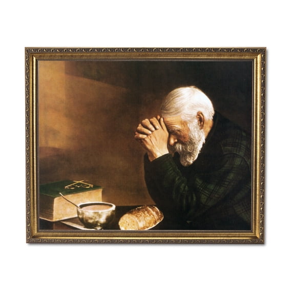 Daily Bread Man Prays Table Grace Religious Picture Gold Frame Art Print 16x20