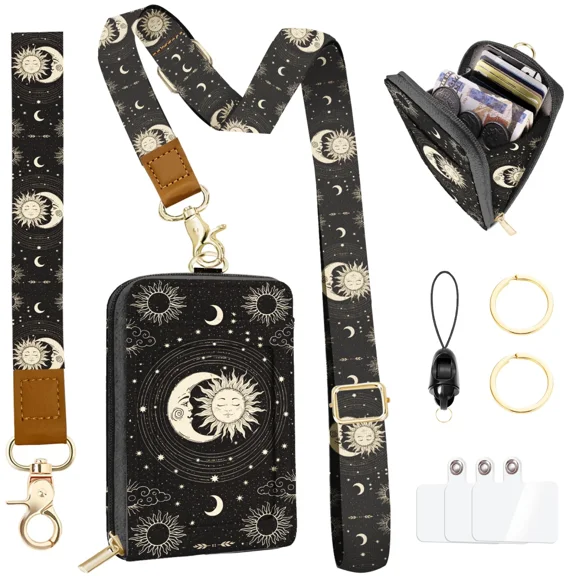 Daily Carry Roomy Leather Zipper Lanyard Wallet for Women, Adjustable Sun Moon Lanyard with ID Holder, RFID Badge Holder, 3 Clear Multiuse Cards, 2 Key Rings, 1 Phone Strap for Teacher Office