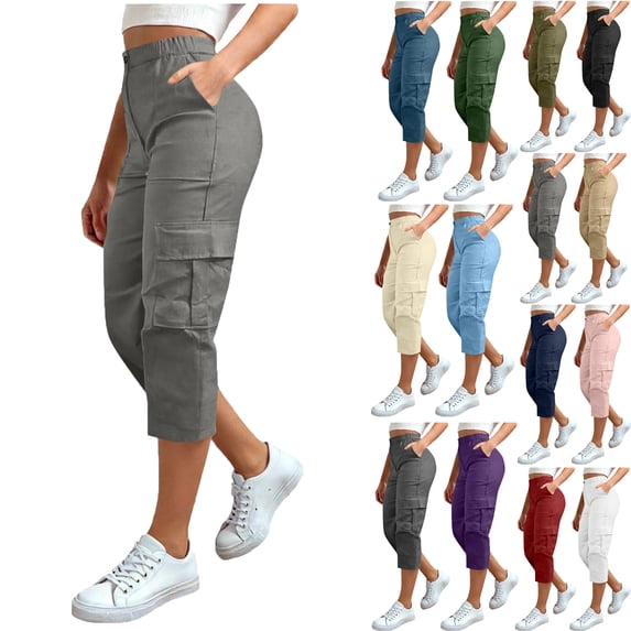 Daily Casual Capris Women Cargo Capri Pants with 4 Pockets Lightweight Slim Fit Elastic Waist Pants Travel Hiking Summer Casual Capri Trousers