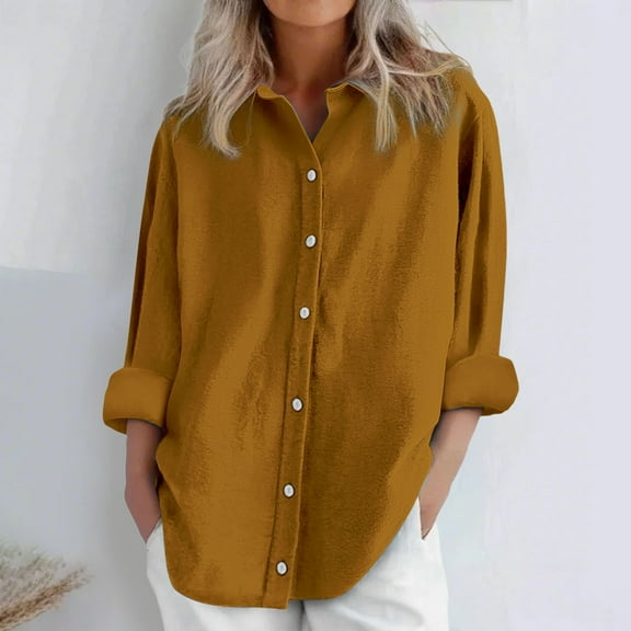Daily Casual Linen Shirts Long Sleeve Tops Casual Blouses Loose Fit Shirt, Gold 2XL, Size S-XXXXXL