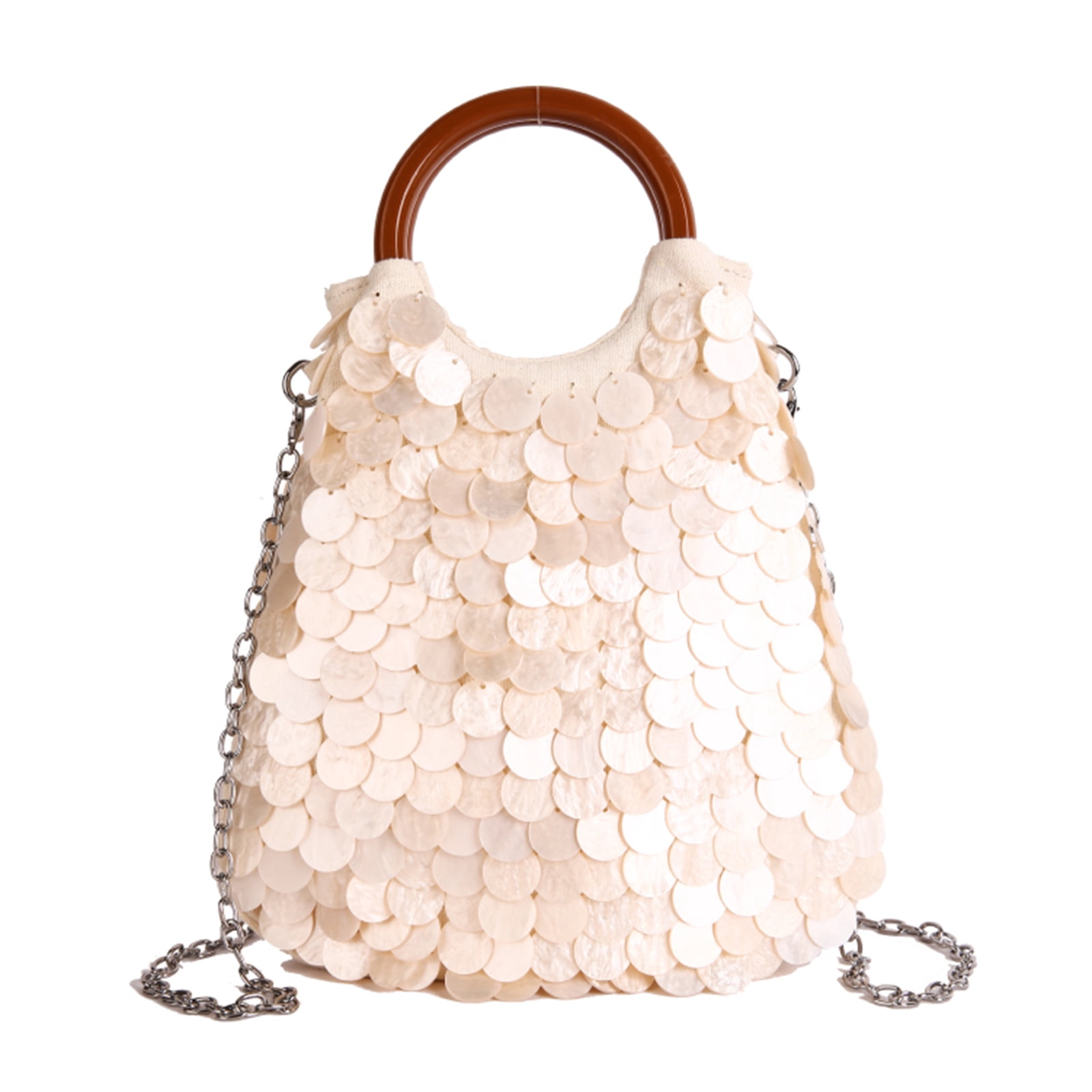Daily Clutch Handbag Lightweight Handmade Natural Seashell Purse with Handle Detachable Shoulder Strap for Women Beach Party Vacation (S)