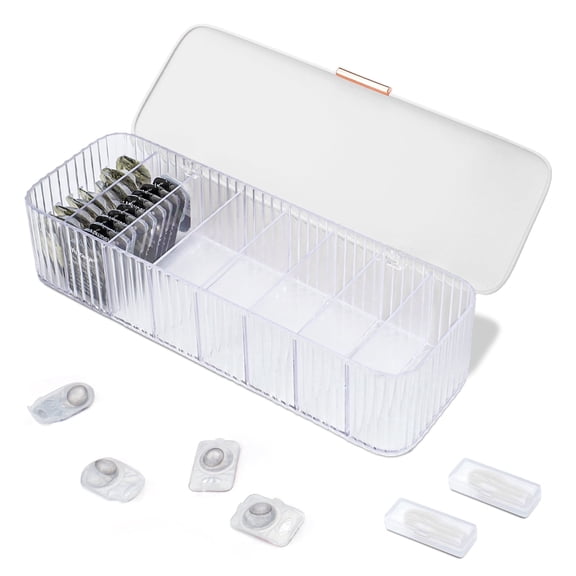 Daily Contact Lens Organizer with 2 Remover & 2 Tweezers, Disposable Contact Lens Storage with Lid & 8 Grids, Clear Contact Lens Dispenser Case Box for Desk Home Office Art Supply (White)