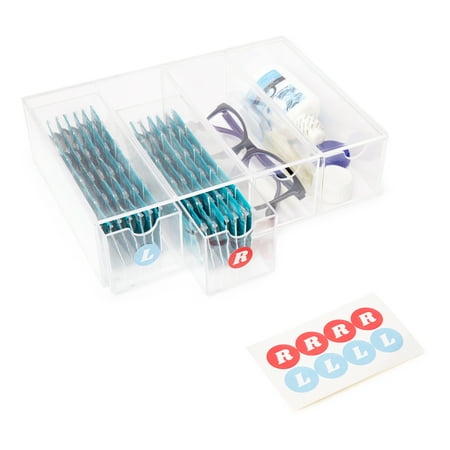 Daily Contact Lens Organizer Dispenser with R & L Labels – 4-Drawer Contact Lens Holder Storage – Multifunctional Clear Box Case for Color Contact Lenses, Glasses, Makeup, & More
