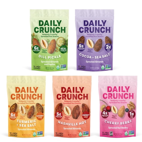 Daily Crunch Sprouted Almonds, 4oz Pantry Resealable Bags (Family Pack, 5 Pack) (Packaging May Vary, Contains: Dill Pickle, Cocoa and Sea Salt, Turmeric and Sea Salt, Nashville Hot,Cherry Berry)