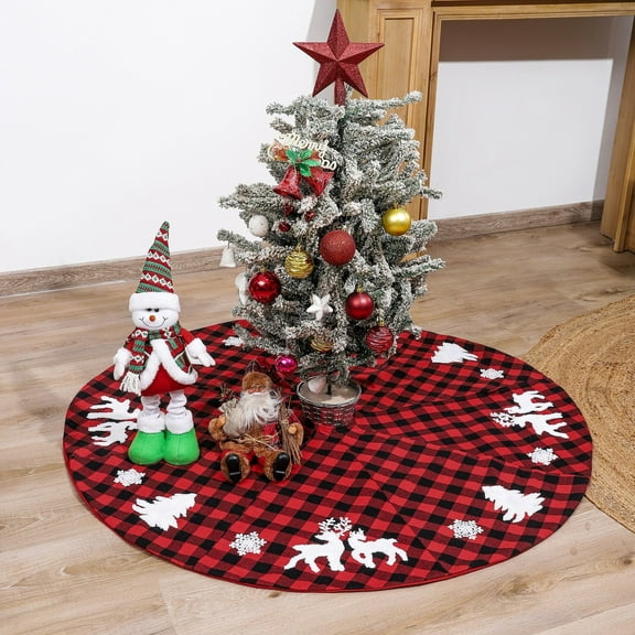 Christmas Tree Skirt 48 Inch Snowflake Red and Black Buffalo Check Plaid Xmas Tree Skirts Mat for New Year Holiday Christmas Party Decorations