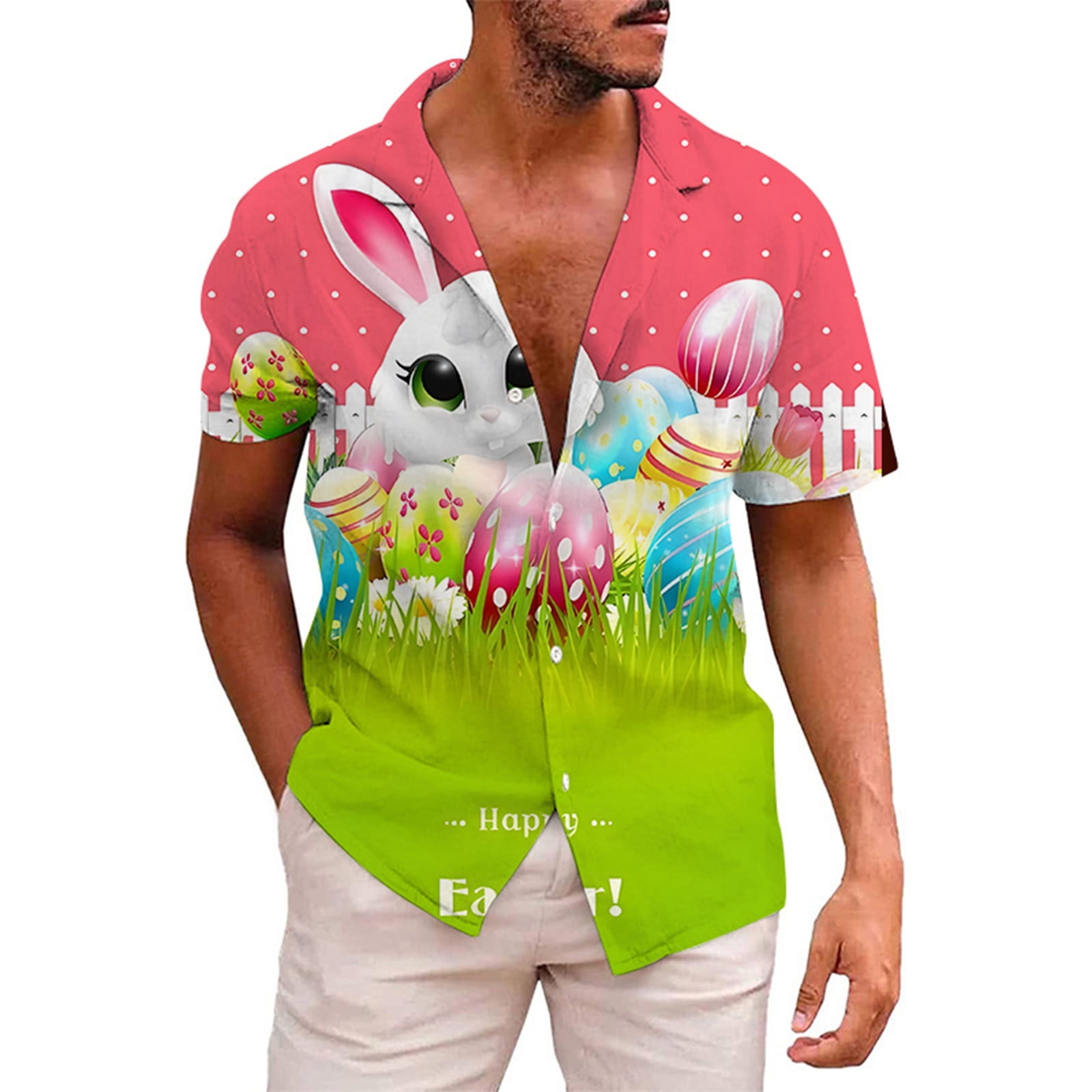 Daily Deals Male Easter Day Print Short Sleeve Shirt Autumn Casual